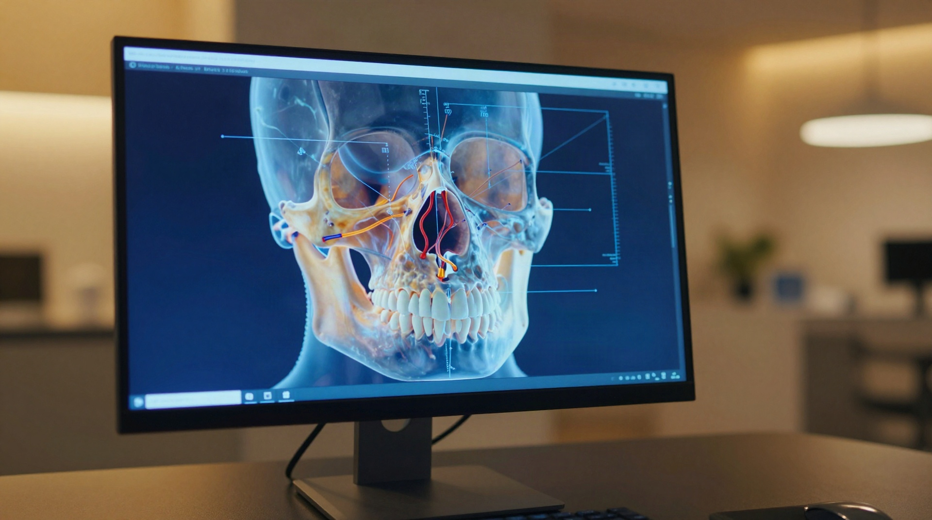 3D модель челюсти на мониторе компьютера с линиями диагностики