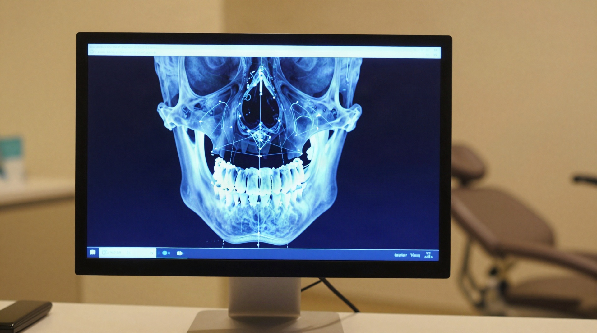 3D-снимок челюсти на мониторе компьютера в стоматологическом кабинете